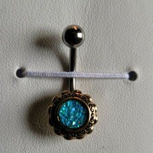 Gold Filigree Flower w/ Druzy Stone Center 316L Surg. Steel Belly Ring Aqua